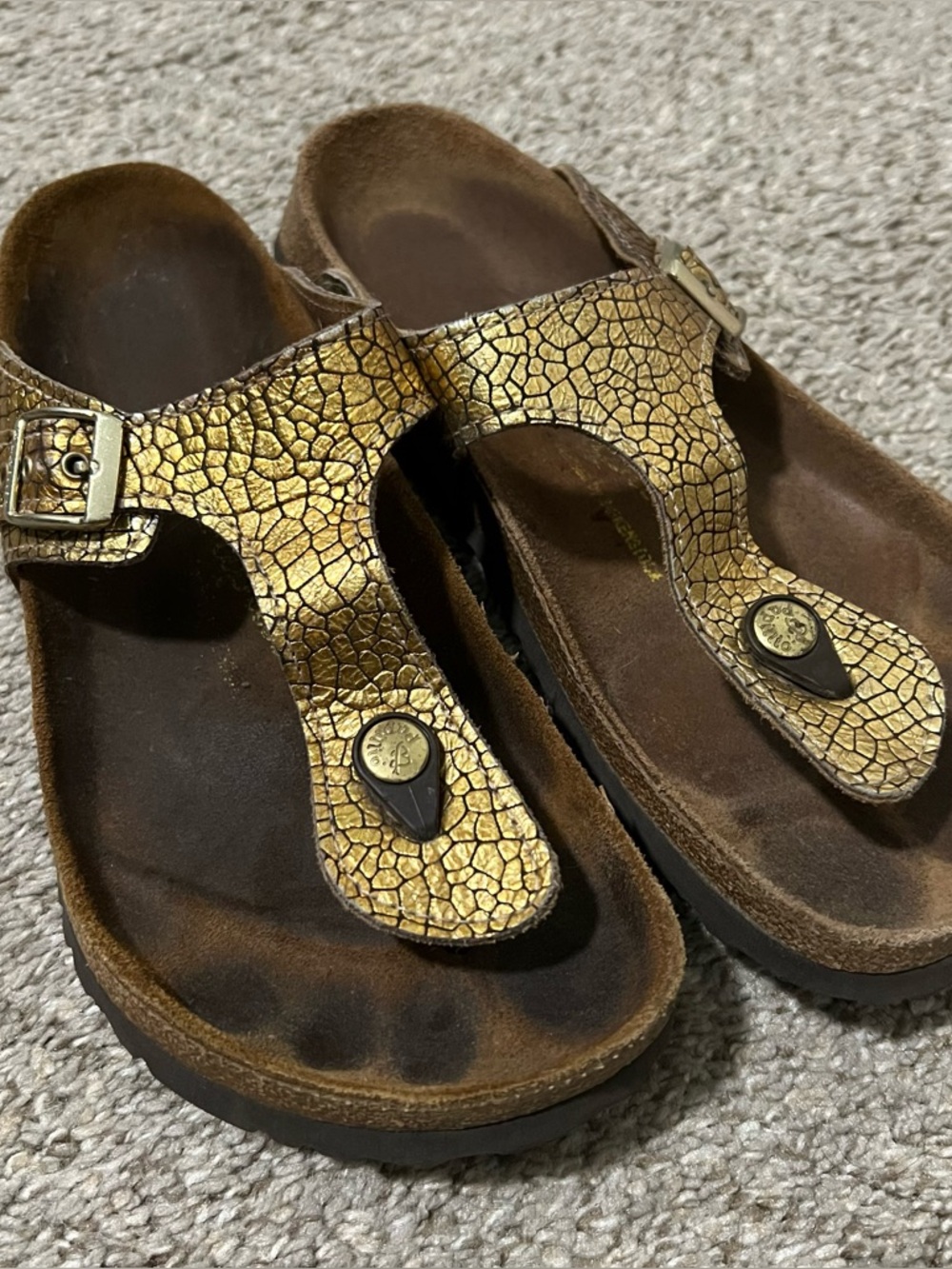 Birkenstock Papillio Gold Crackle Leather Thong Sandals Size 8/8.5